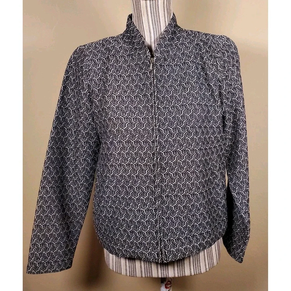 Eileen‎ Fisher Black  White cotton jacket Jacquard Full Zip Jacket Petite Small